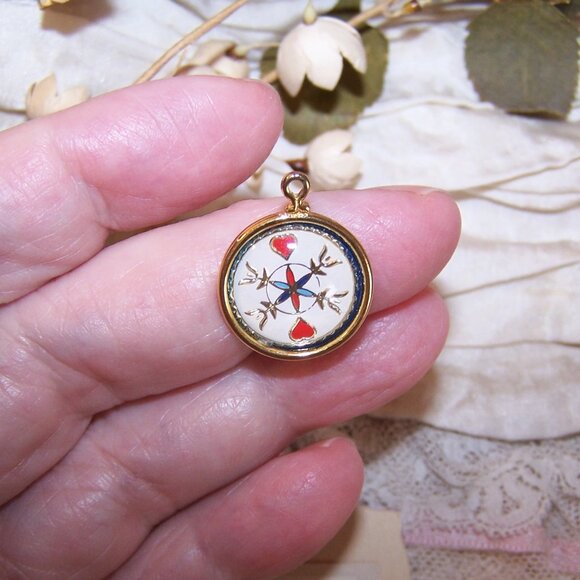 Vintage Sterling Silver Vermeil Bubble Charm - Hex Sign with Hearts - Picture 1 of 4